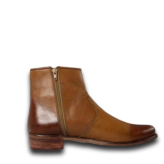 Men's Two-Tone Leather Ankle Boots with Side Zips and Wooden Sole